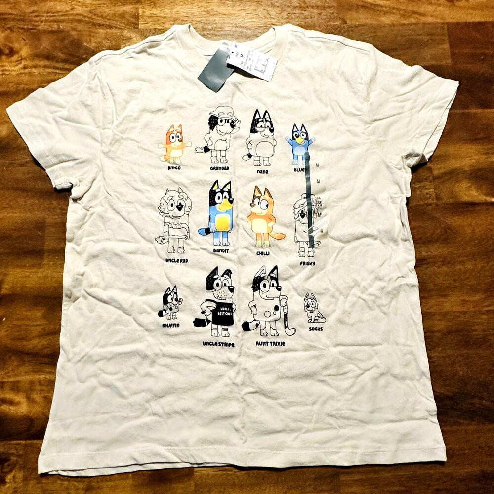 Bluey Shirt Childrens Medium Short Sleeve Tan Characters Bingo Bandit Chilli